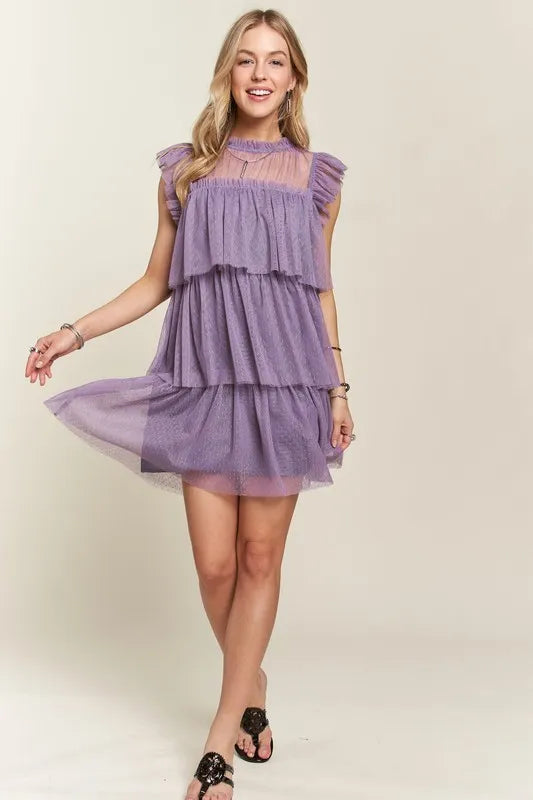 ADORA Layered Ruffled Cap Sleeve Mesh Dress - Brittney MADE