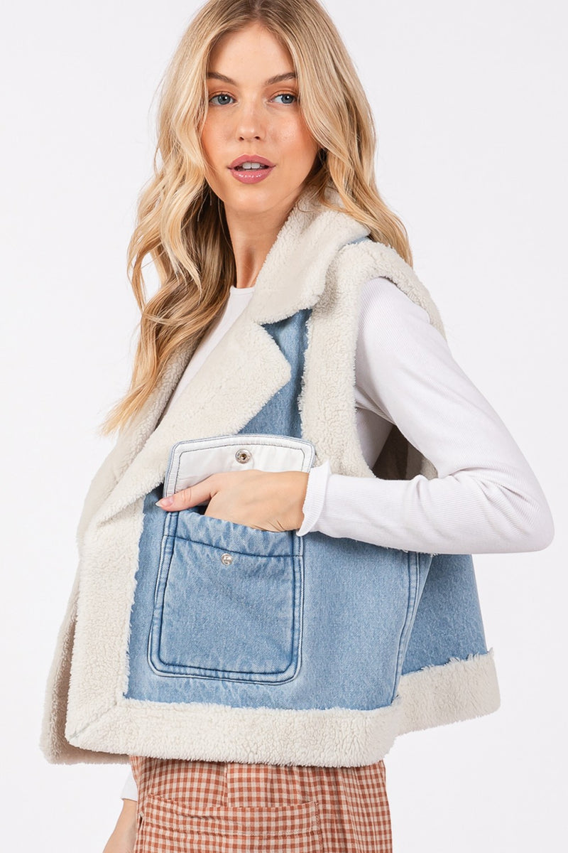 SAGE + FIG Pocketed Collared Neck Sherpa Vest - Brittney MADE