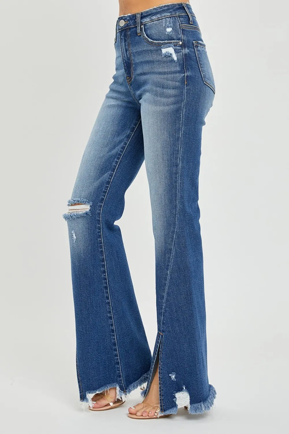 RISEN Full Size High Rise Front Slit Frayed Hem Flare Jeans - Brittney MADE