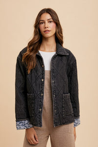 Annie Wear Quilted Printed Lining Snap Down Denim Jacket - Brittney MADE