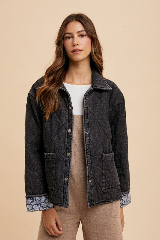 Annie Wear Quilted Printed Lining Snap Down Denim Jacket - Brittney MADE