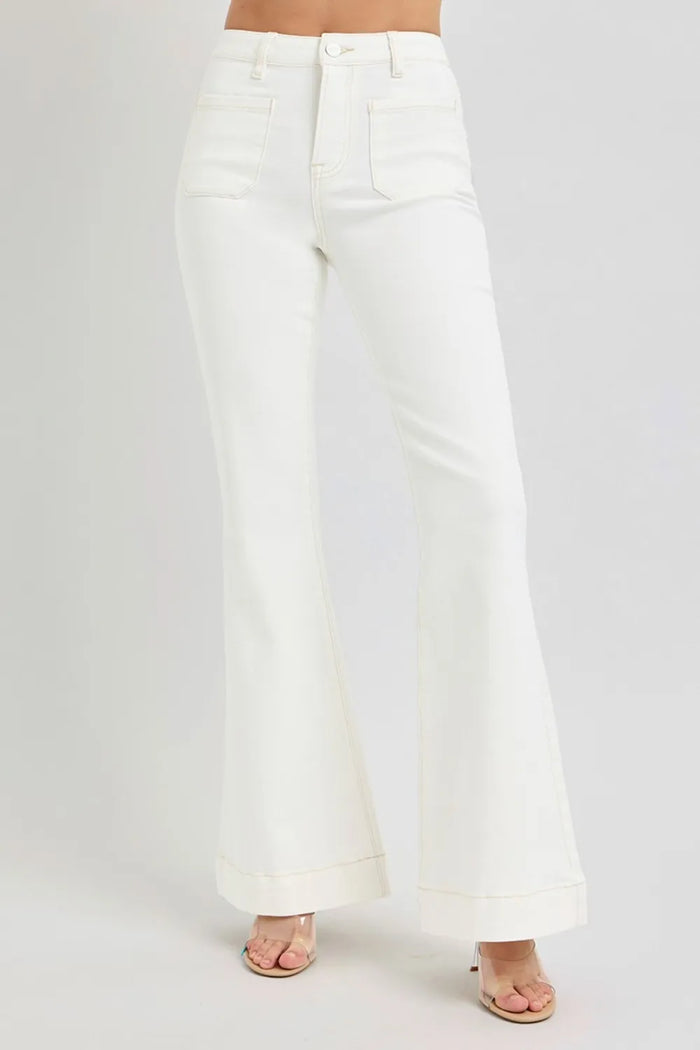 RISEN Full Size High Rise Front Patch Pocket Flare Jeans - Brittney MADE