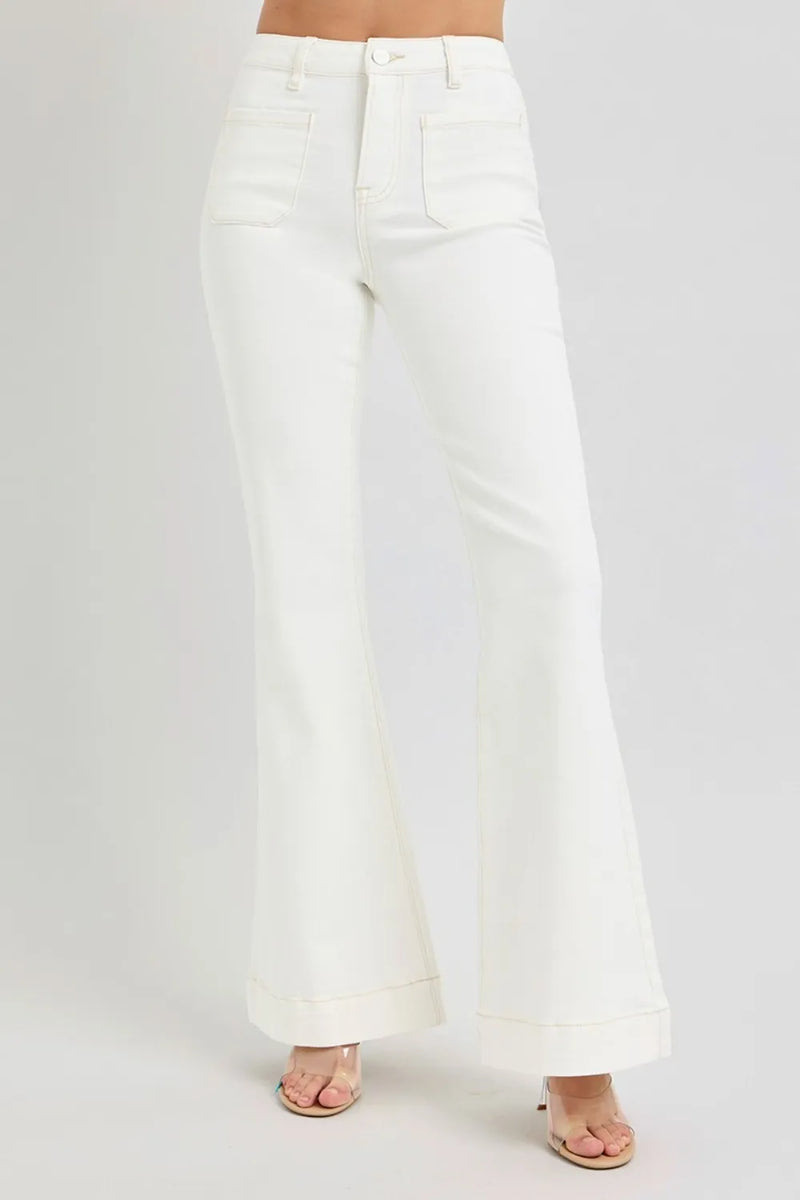 RISEN Full Size High Rise Front Patch Pocket Flare Jeans - Brittney MADE