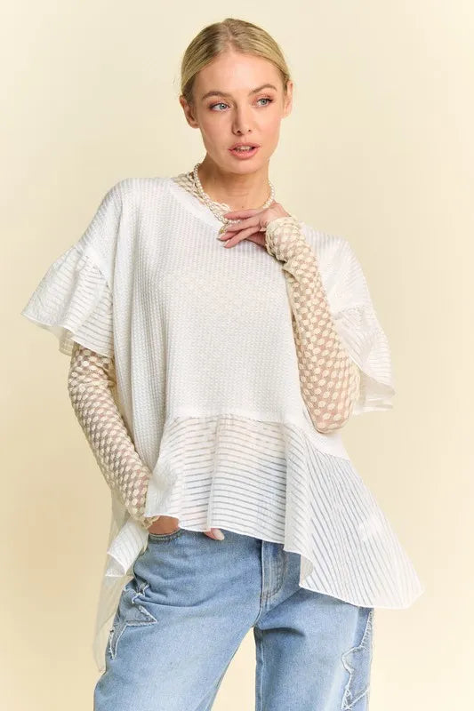 Davi & Dani Waffle Knit Bodice Ruffle Bottom Detail Top - Brittney MADE