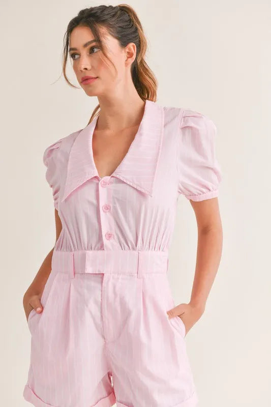 MABLE Striped Puff Sleeve Collared Neck Romper - Brittney MADE