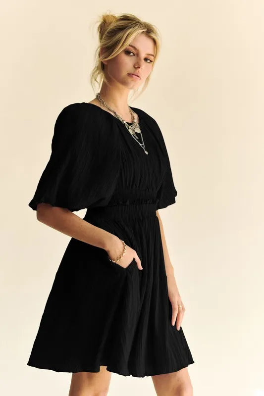 Davi & Dani Back Button Puff Sleeve Mini Dress - Brittney MADE