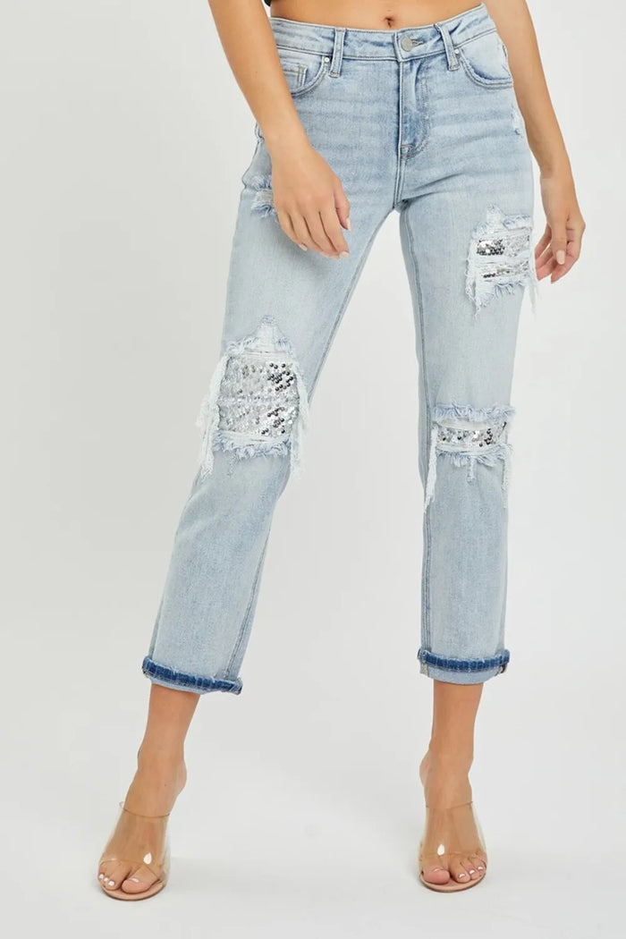 RISEN Mid-Rise Sequin Patched Jeans - Brittney MADE