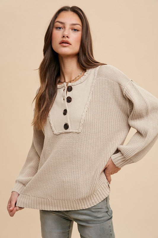 Annie Wear Half Button Ribbed Hem Sweater - Brittney MADE