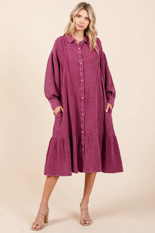 Mittoshop Mineral Wash Cotton Gauze Ruffle Midi Shirt Dress - Brittney MADE