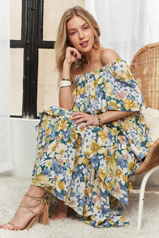 ADORA Layered Floral Off-Shoulder Short Sleeve Maxi Dress - Brittney MADE