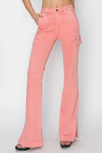 RISEN Full Size High Rise Side Slit Cargo Bootcut Jeans - Brittney MADE