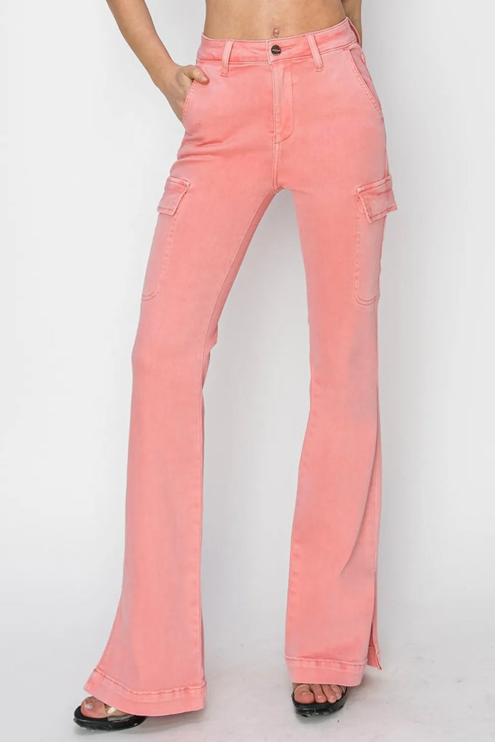 RISEN Full Size High Rise Side Slit Cargo Bootcut Jeans - Brittney MADE