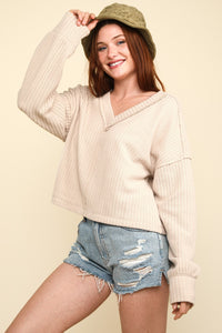 VERY J Exposed Seam V-Neck Ribbed Knit Top - Brittney MADE