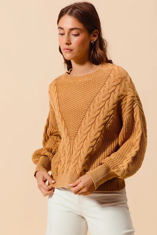SO ME Mineral Washed Loose Fit Textured Cable Sweater - Brittney MADE