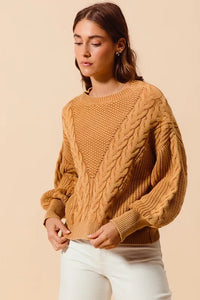 SO ME Mineral Washed Loose Fit Textured Cable Sweater - Brittney MADE