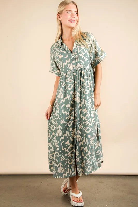 VERY J Oversized Printed Shirt Midi Dress - Brittney MADE