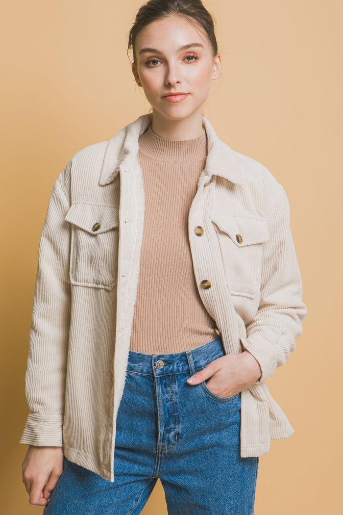 Love Tree Corduroy Button Up Jacket with Sherpa Inside - Brittney MADE
