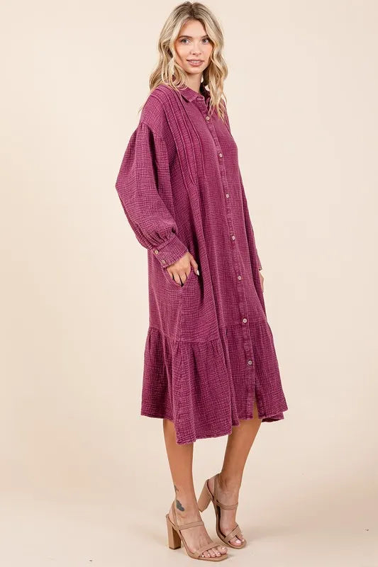 Mittoshop Mineral Wash Cotton Gauze Ruffle Midi Shirt Dress - Brittney MADE