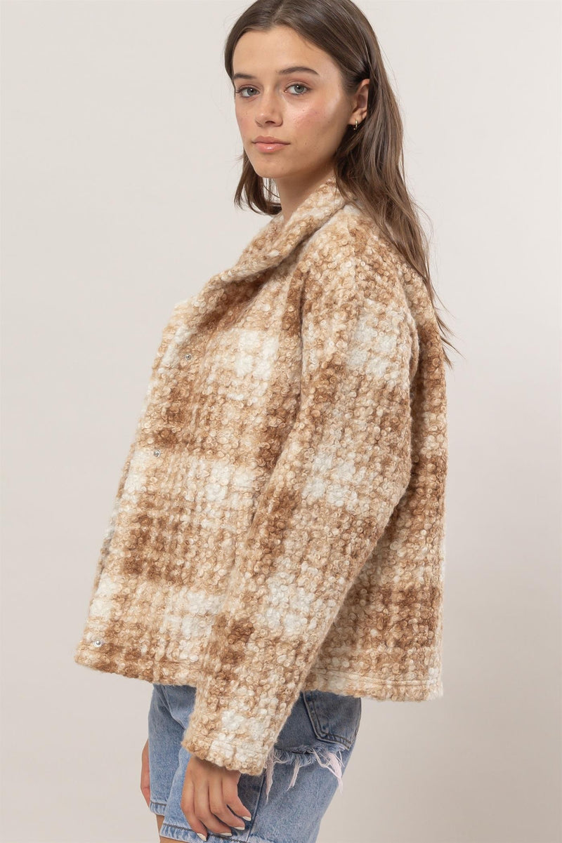HYFVE Plaid Collared Neck Boucle Jacket with Pockets - Brittney MADE