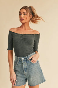 Aemi + Co Ruched Frill Off-Shoulder Half Sleeve Knit Top - Brittney MADE