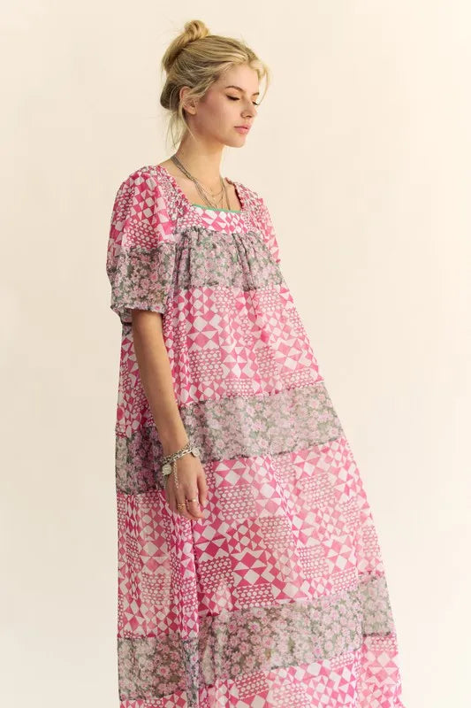 Davi & Dani Multi Floral Square Neck Puff Sleeve Maxi Dress - Brittney MADE