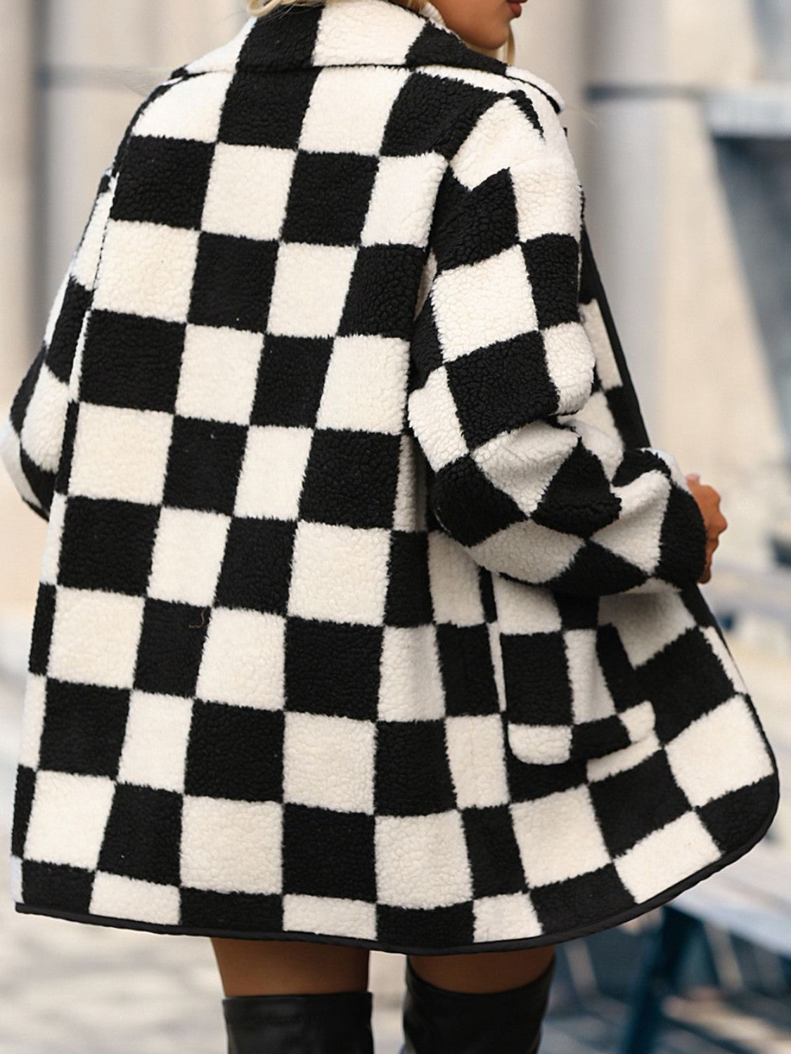 Double Take Full Size Checkered Button Front Coat with Pockets - Brittney MADE