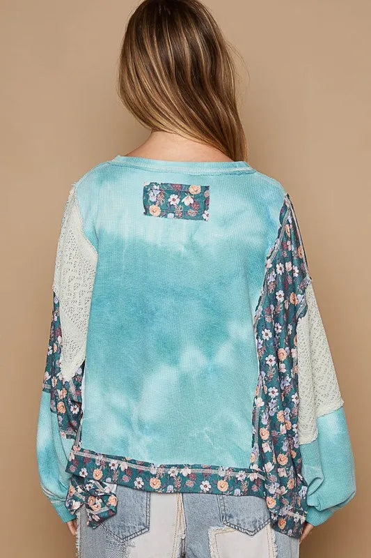 POL Floral Patchwork Round Neck Knit Top - Brittney MADE