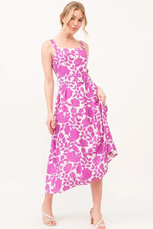 And The Why Square Neck Belted Floral Printed Midi Dress - Brittney MADE
