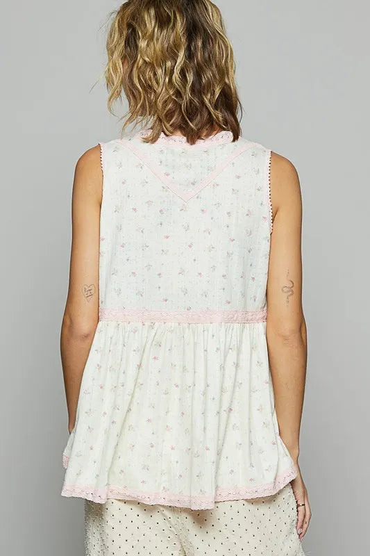 POL Lace Detail Floral V-Neck Sleeveless Top - Brittney MADE