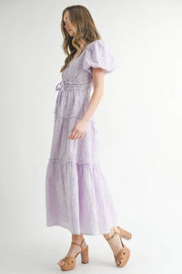 MABLE Eyelet Lace Puff Sleeve V Neck Midi Dress - Brittney MADE