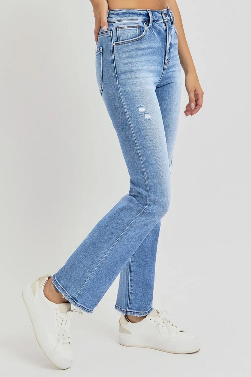 RISEN Full Size Distressed High-Rise Ankle Straight Jeans - Brittney MADE