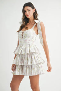 MABLE Floral Print Shoulder Tie Layered Mini Dress - Brittney MADE