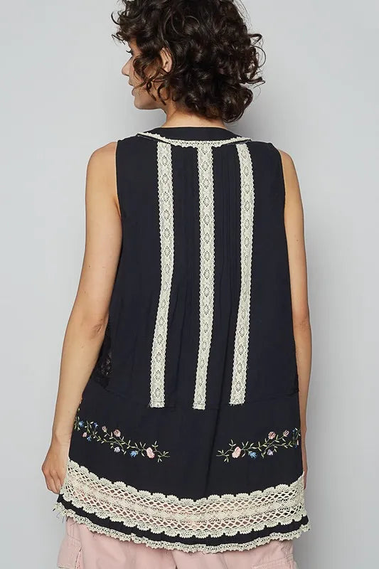 POL Embroidered Lace Detail V-Neck Sleeveless Top - Brittney MADE