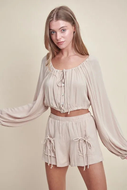 MABLE Gauze Long Sleeve Button Crop Top and Short Set - Brittney MADE