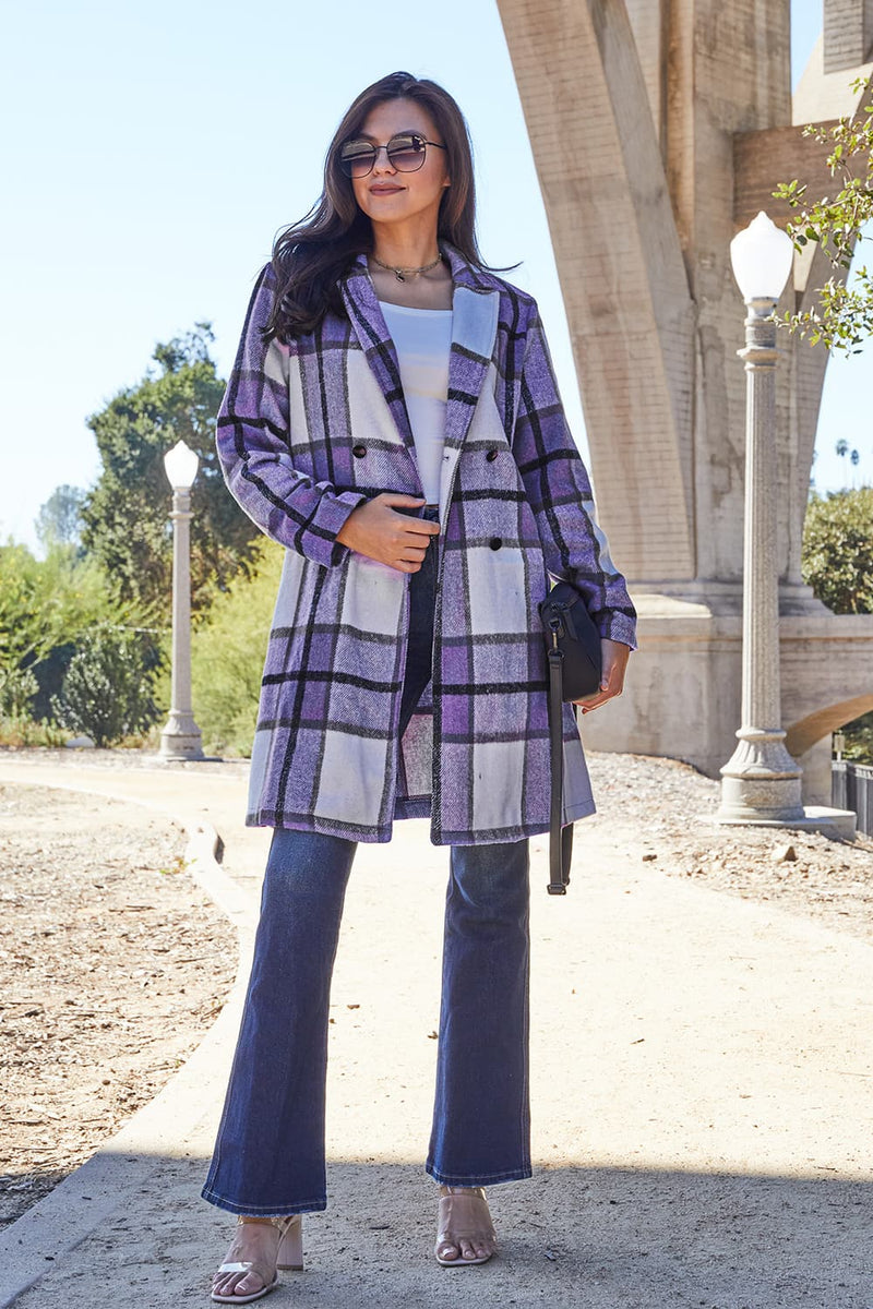 Double Take Full Size Plaid Button Up Lapel Collar Coat - Brittney MADE