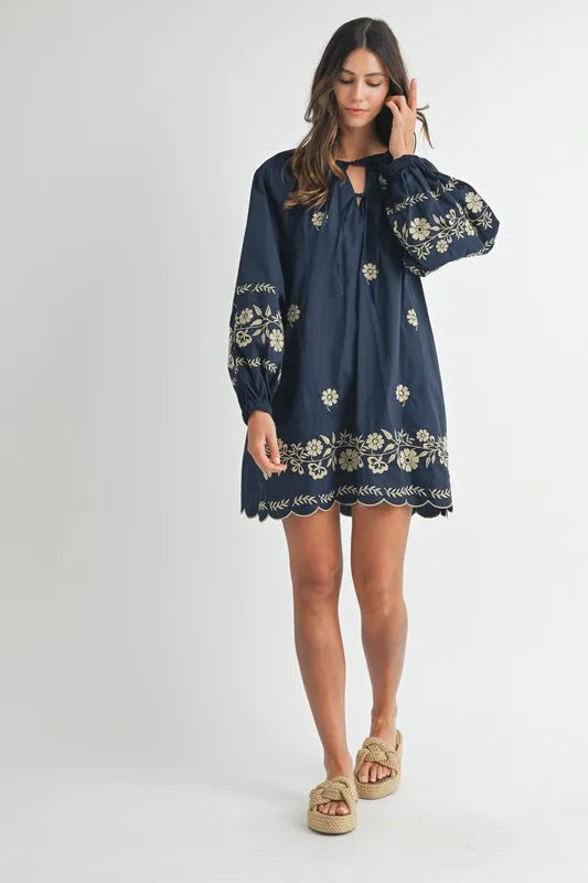 MABLE Embroidered Long Sleeve Peasant Mini Dress - Brittney MADE