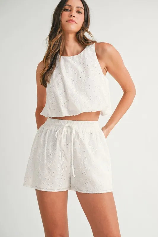 MABLE Eyelet Bubble Hem Sleeveless Top and Shorts Set - Brittney MADE