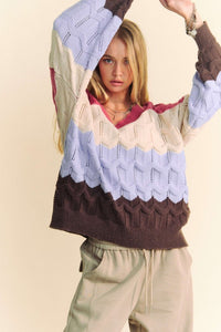 Davi & Dani Wavy Texture Color Block V-Neck Sweater - Brittney MADE