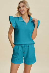 Double Take Full Size Texture Flounce Sleeve Top and Shorts Set - Brittney MADE
