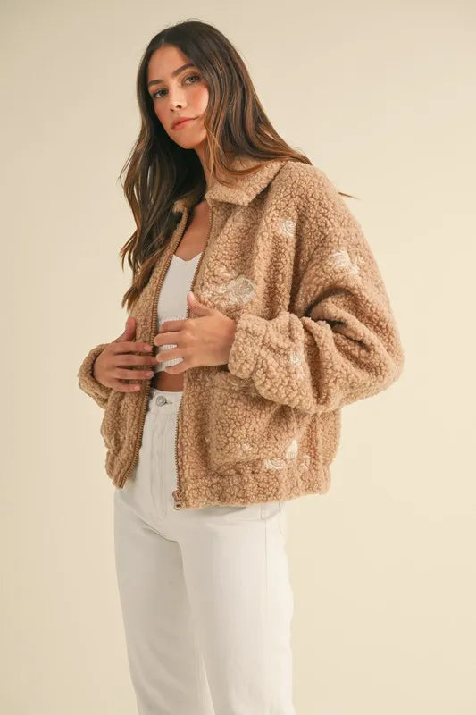 MABLE Floral Embroidered Fleece Teddy Jacket - Brittney MADE