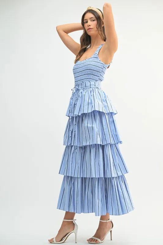 MABLE Pin Stripe Smocked Bodice Layered Midi Dress - Brittney MADE