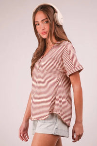 VERY J Striped V-Neck Short Sleeve T-Shirt - Brittney MADE