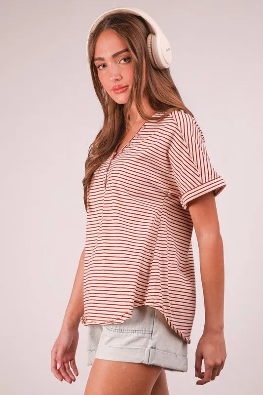 VERY J Striped V-Neck Short Sleeve T-Shirt - Brittney MADE