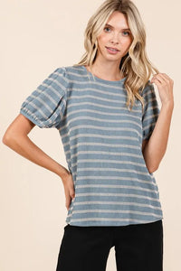 Mittoshop Contrast Striped Short Puff Sleeve Knit Top - Brittney MADE