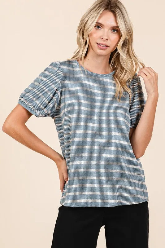 Mittoshop Contrast Striped Short Puff Sleeve Knit Top - Brittney MADE