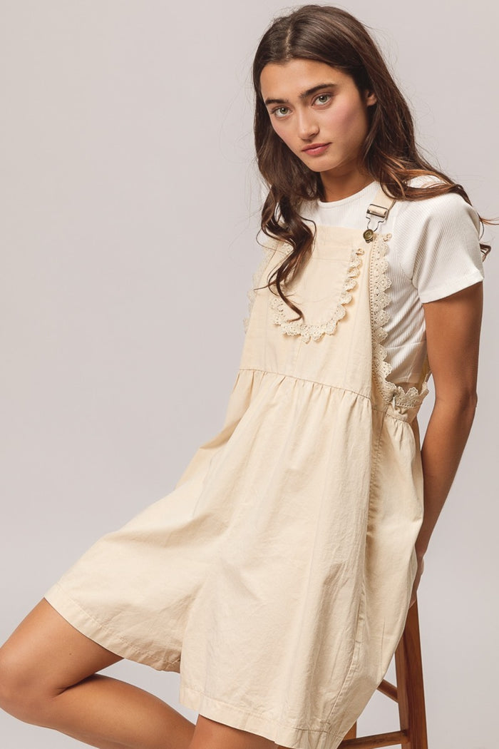 BiBi Back Patch Pocket Lace Trim Rompers - Brittney MADE