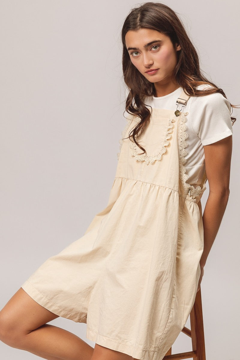 BiBi Back Patch Pocket Lace Trim Rompers - Brittney MADE