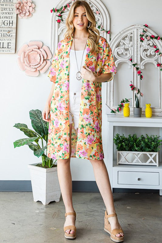 Heimish Full Size Half Sleeve Multi Color Floral Open Cardigan Plus Size - Brittney MADE