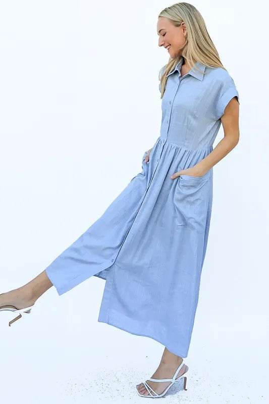 And The Why Cap Sleeve Front Pockets Shirt Dress - Brittney MADE