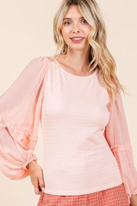 Mittoshop Mixed Media Textured Knit Chiffon Long Sleeve Top - Brittney MADE